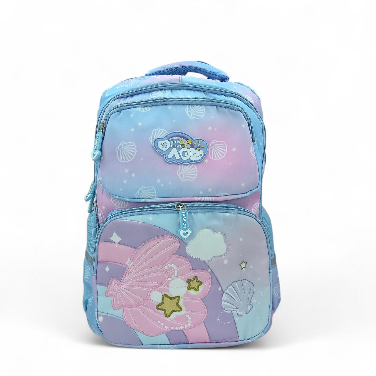 Pastel seashell backpack with large front panel and rainbow flower graphic, double zippers